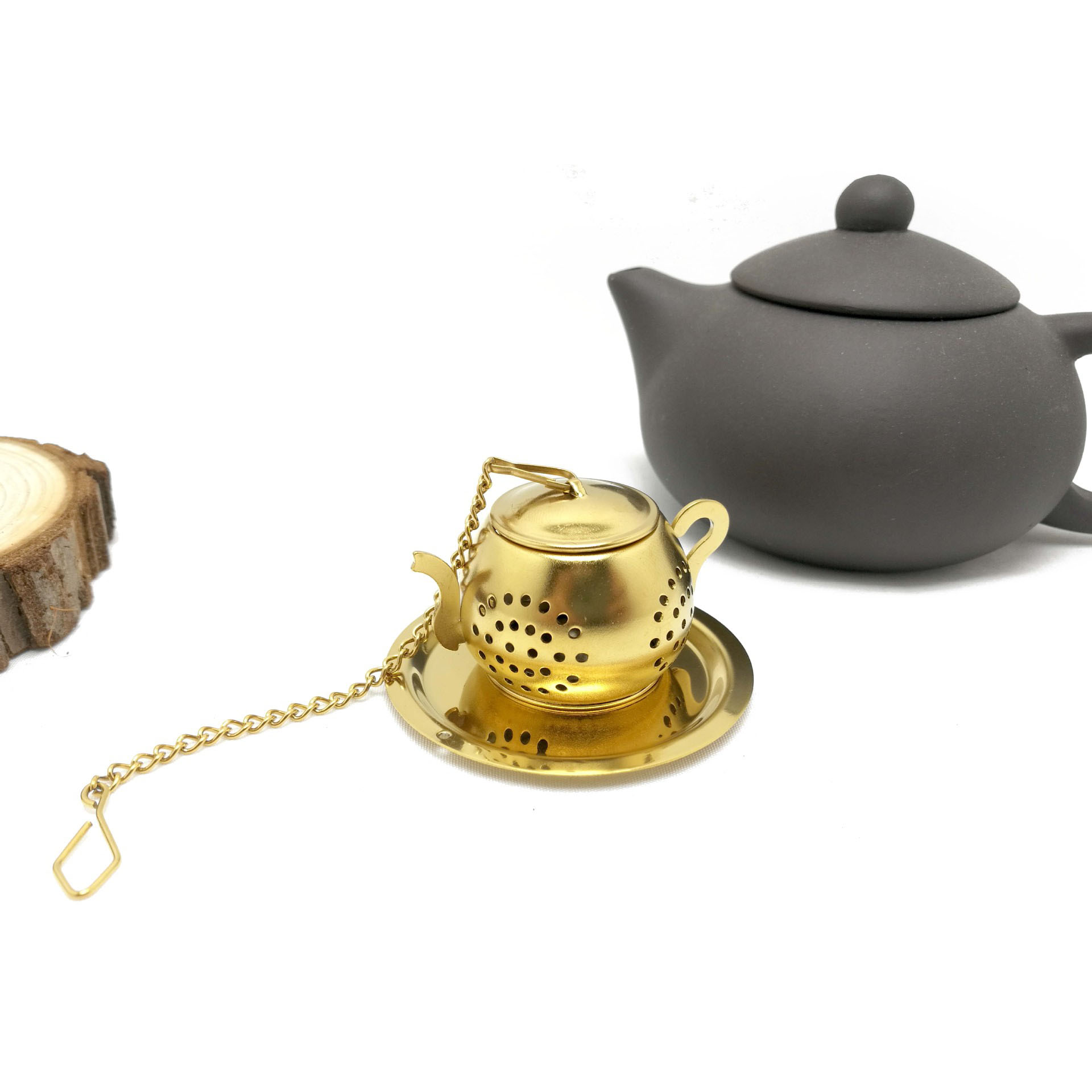 Stainless Steel Teapot Shape Tea Filter Strainer with Long Chain