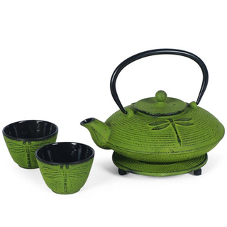 Cast iron teapot set with dragonfly pattern